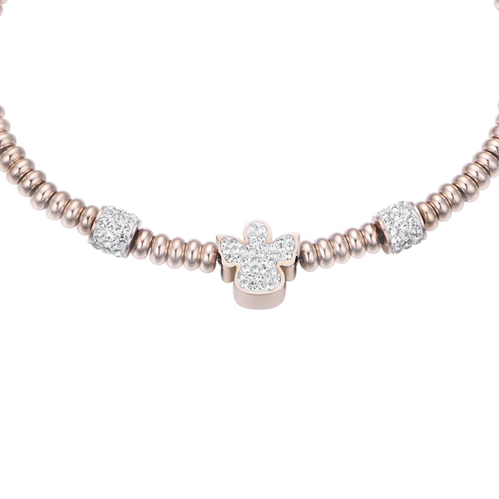 Bracciale in acciaio IP Rose con angelo con cristalli bianchi