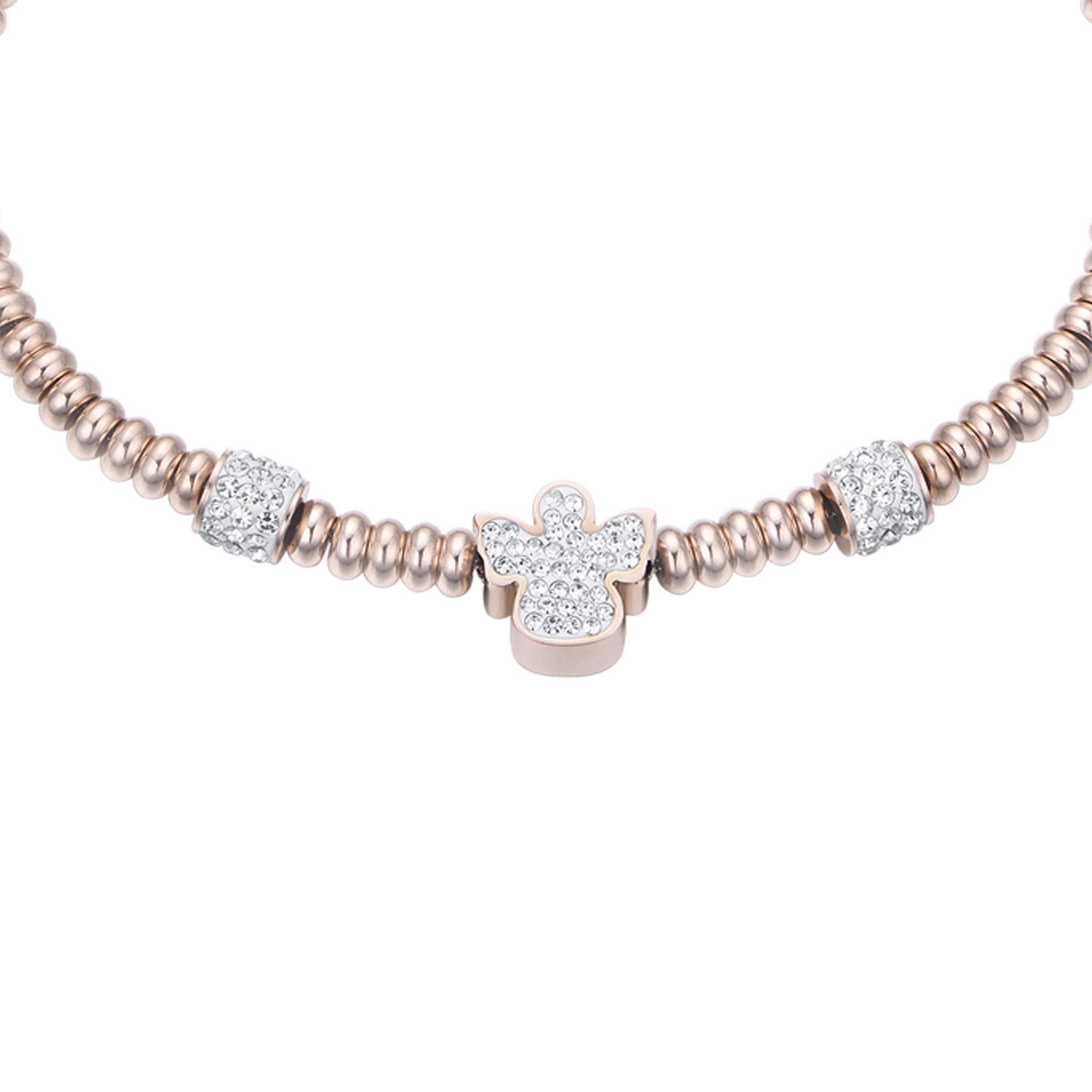 Bracciale in acciaio IP Rose con angelo con cristalli bianchi