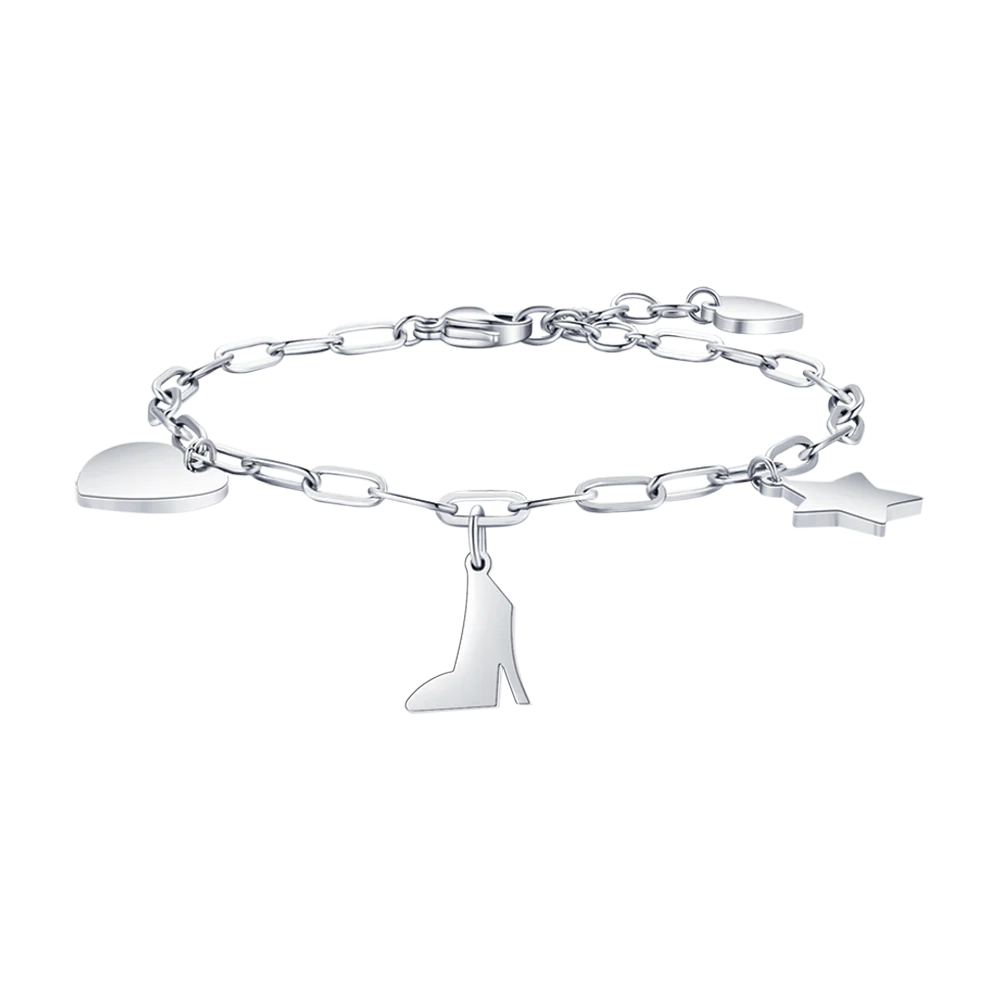 Bracciale in acciaio con cuore, scarpa e stella