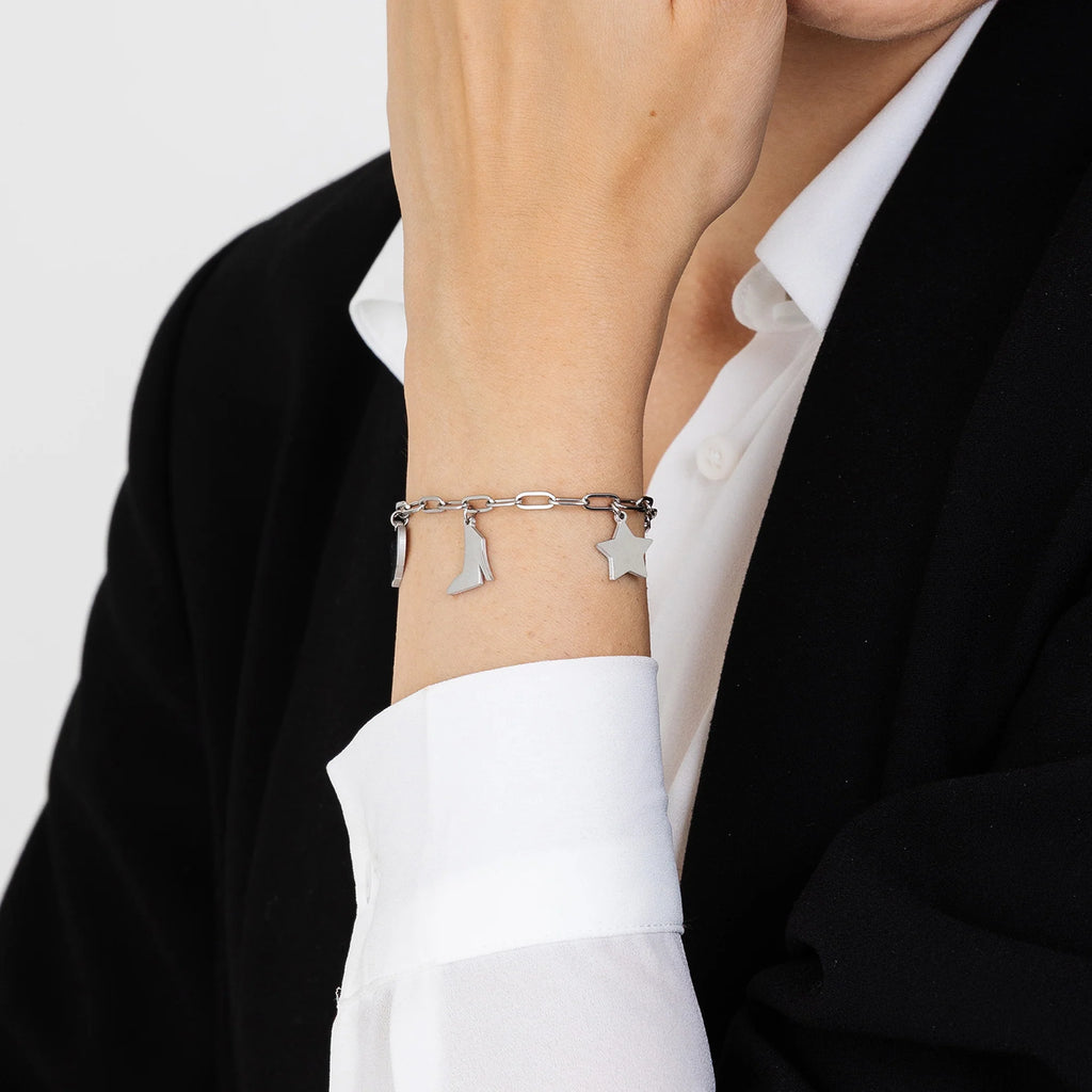 Bracciale in acciaio con cuore, scarpa e stella