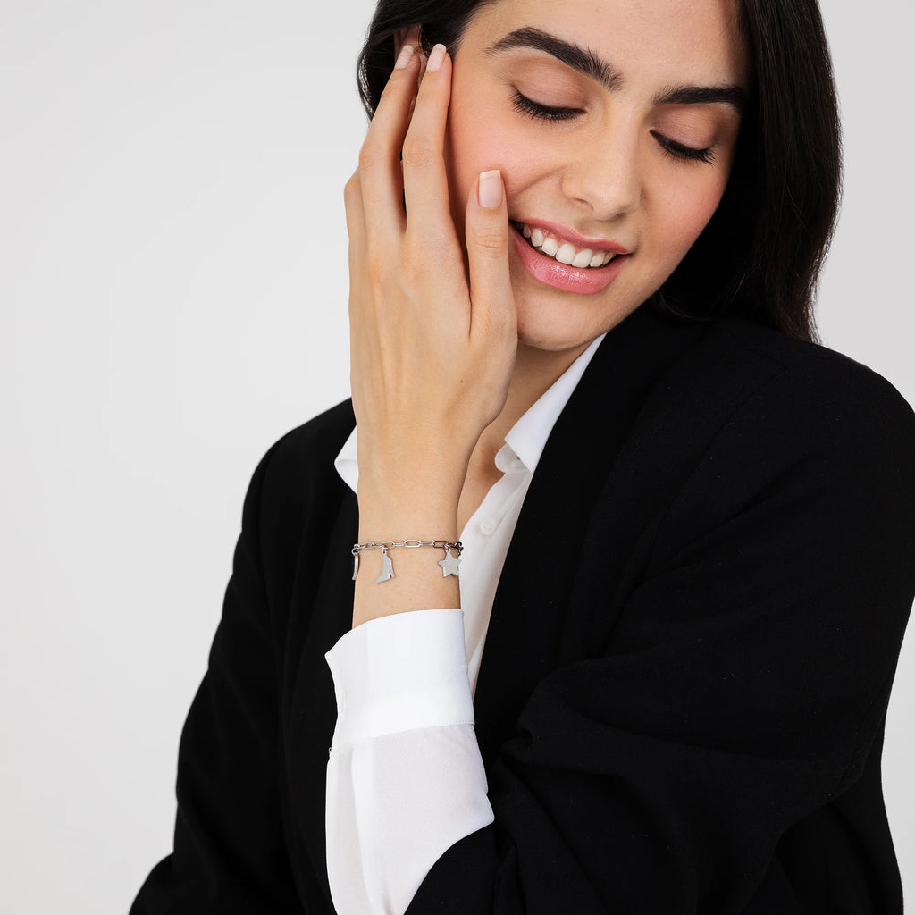 Bracciale in acciaio con cuore, scarpa e stella