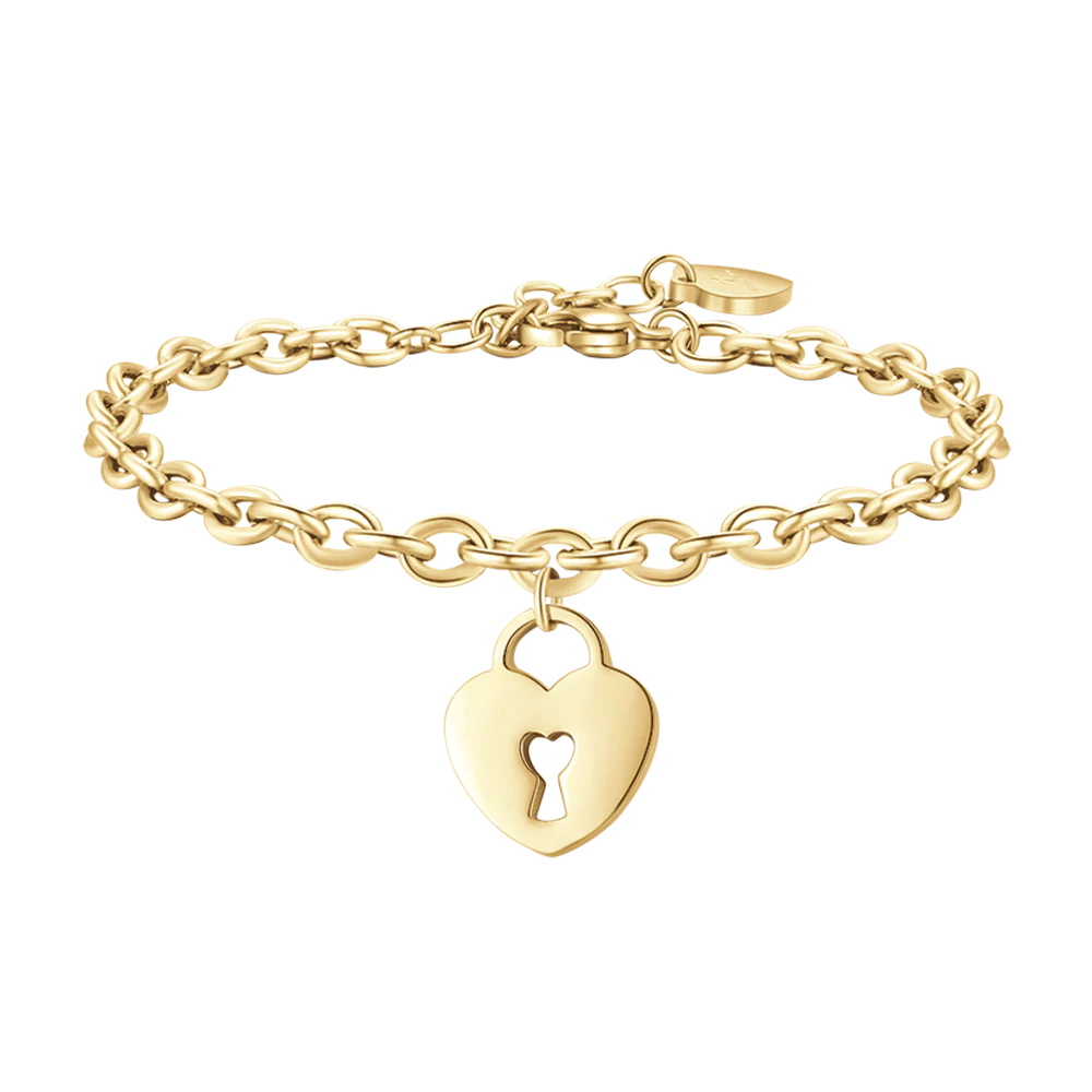 Bracciale in acciaio dorato con cuore e lucchetto