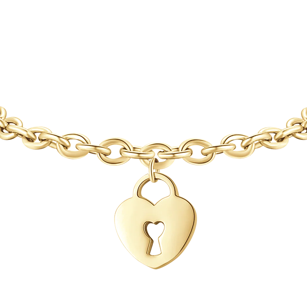 Bracciale in acciaio dorato con cuore e lucchetto