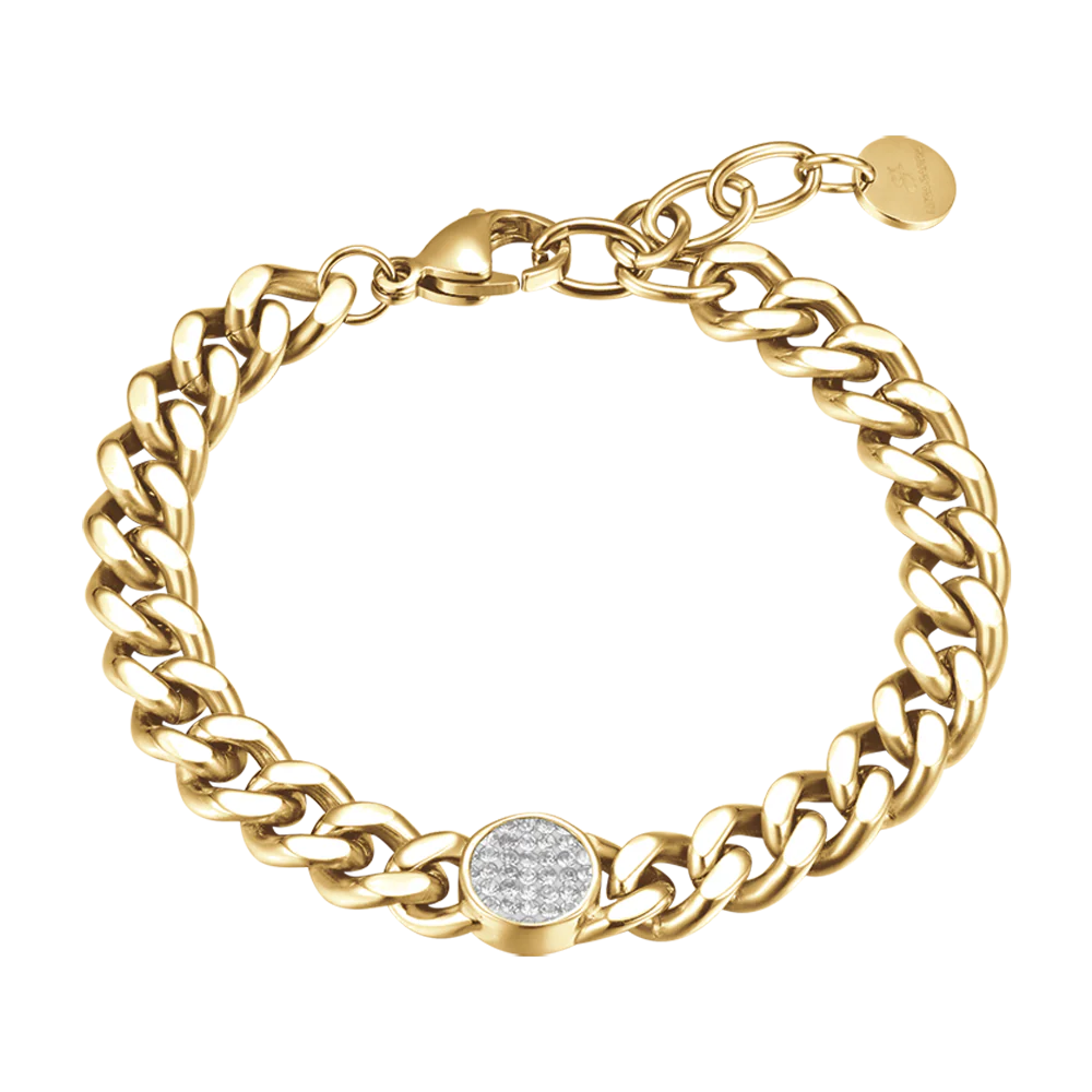 Bracciale in acciaio dorato con elemento e cristalli bianchi