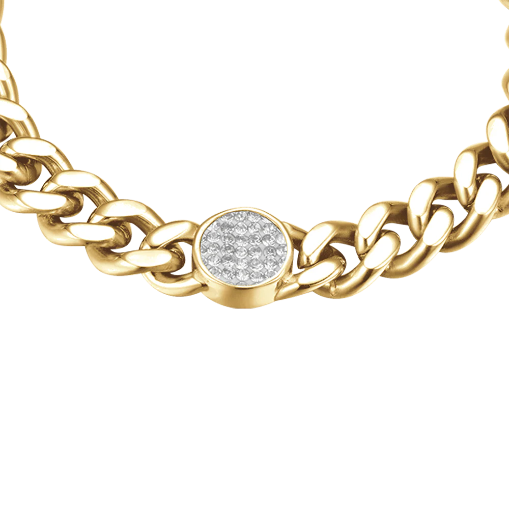 Bracciale in acciaio dorato con elemento e cristalli bianchi