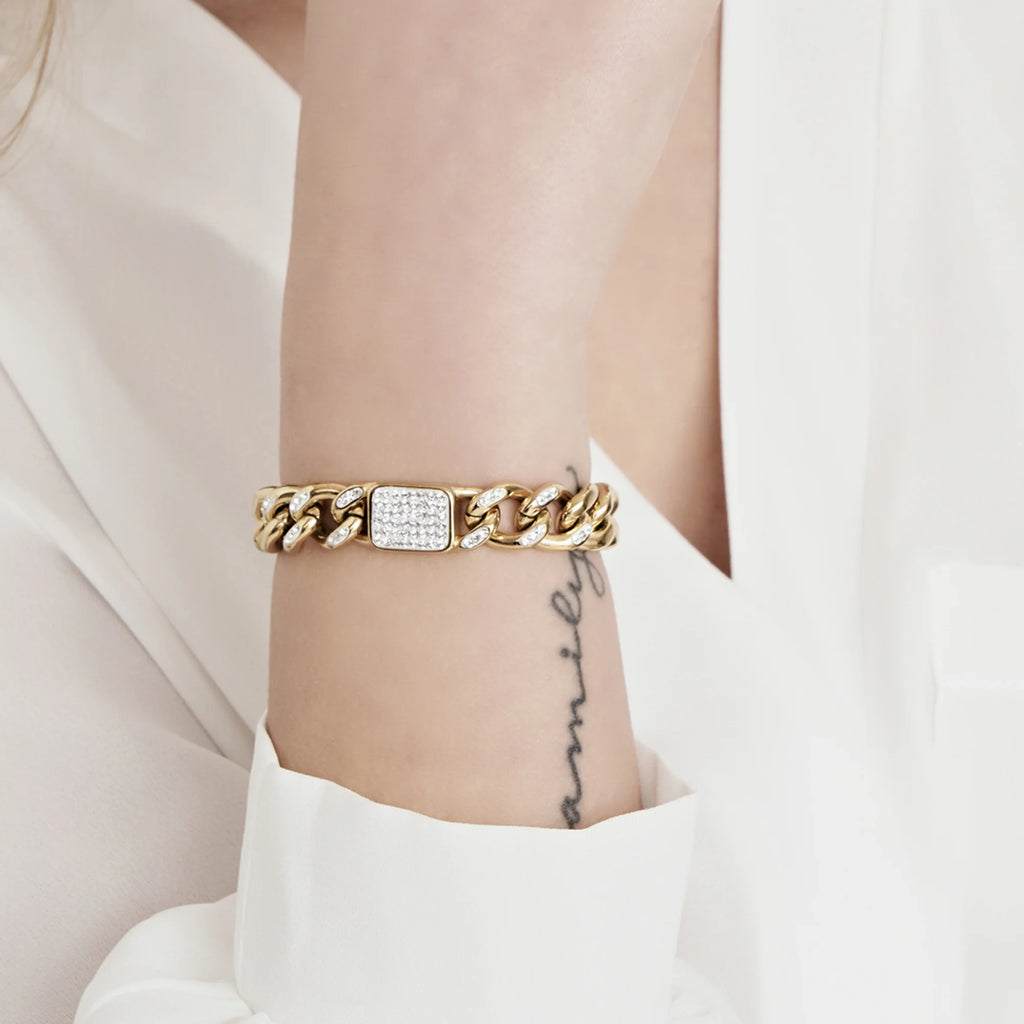 Bracciale donna in acciaio dorato e cristalli bianchi