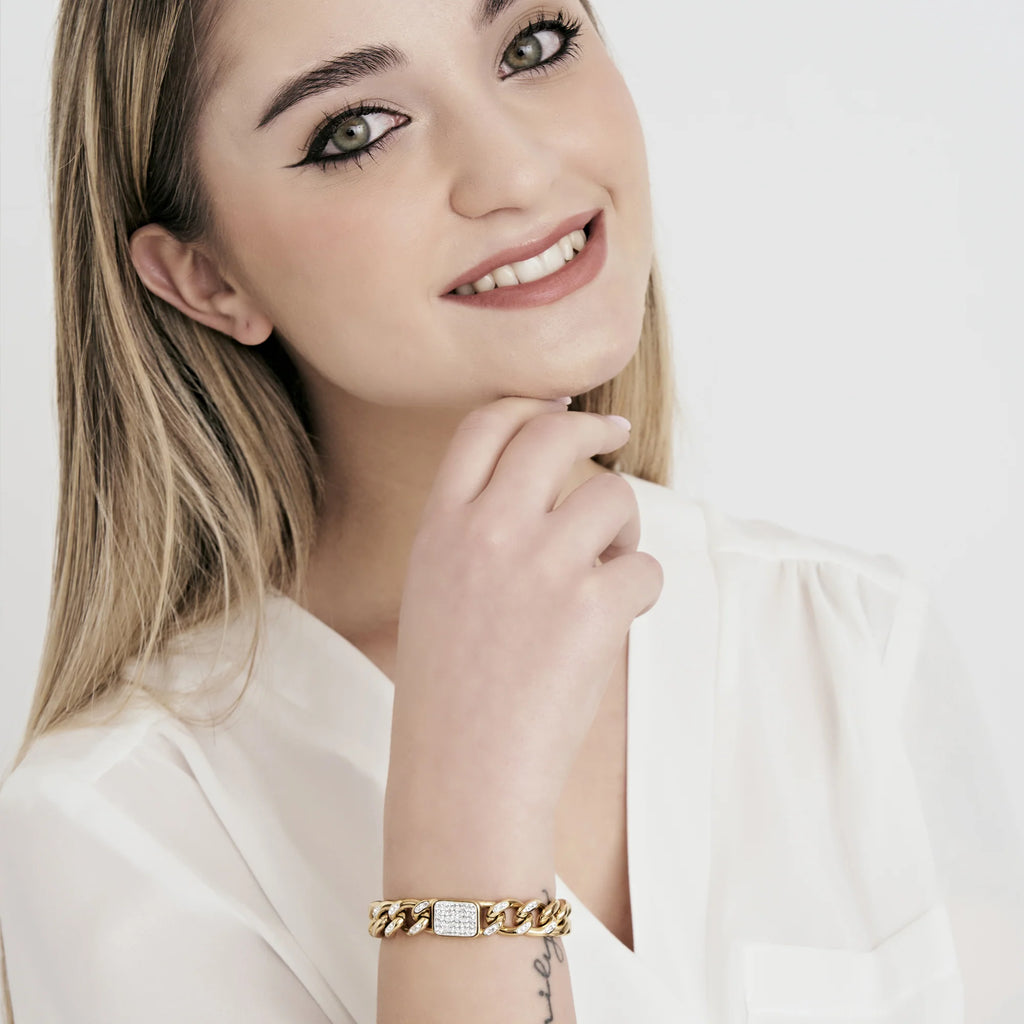 Bracciale donna in acciaio dorato e cristalli bianchi