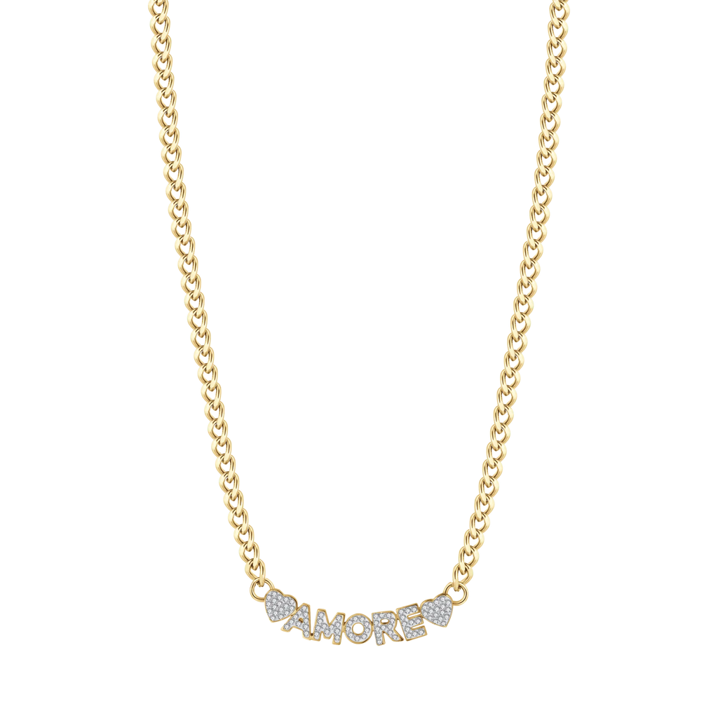 Collana in acciaio dorato amore con cristalli bianchi