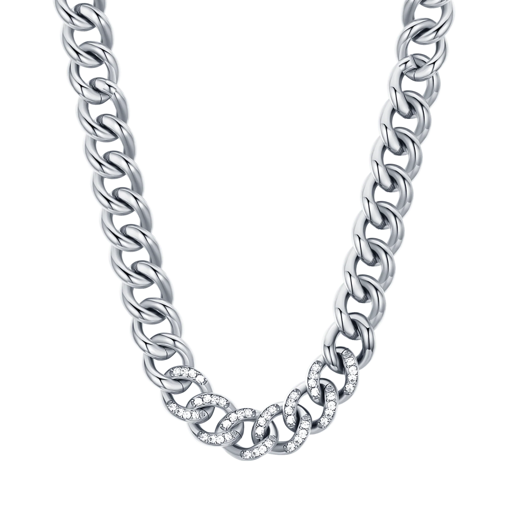 Collana in acciaio con maglia catena e cristalli bianchi