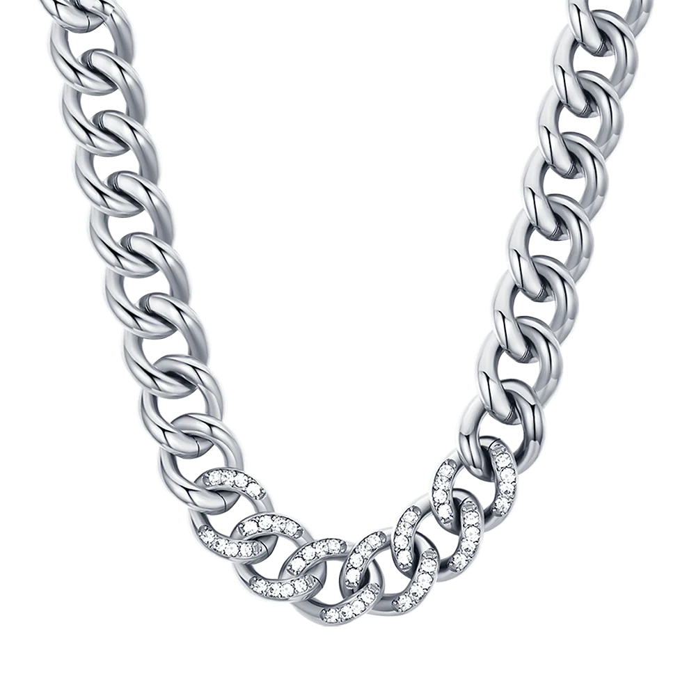 Collana in acciaio con maglia catena e cristalli bianchi