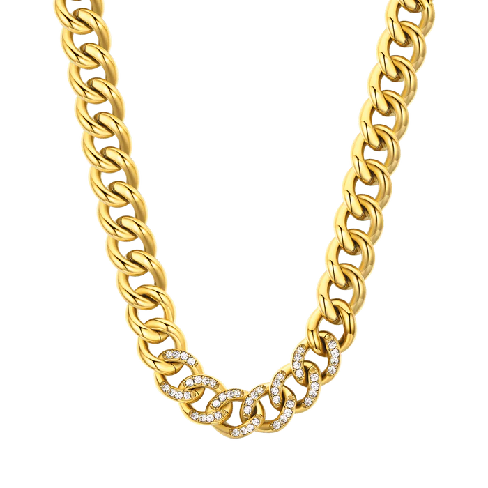 Collana donna in acciaio con maglia catena e cristalli bianchi