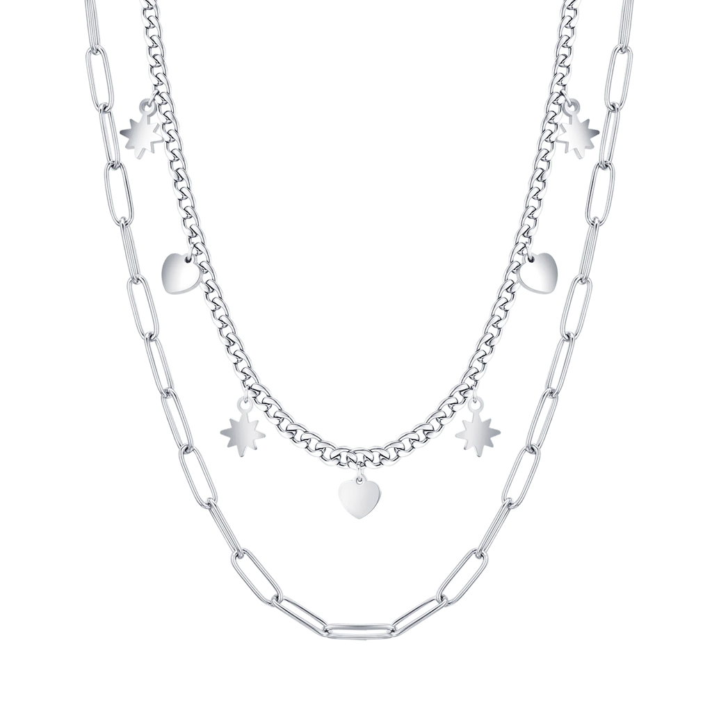 Collana donna in acciaio multifilo con stelle e cuori