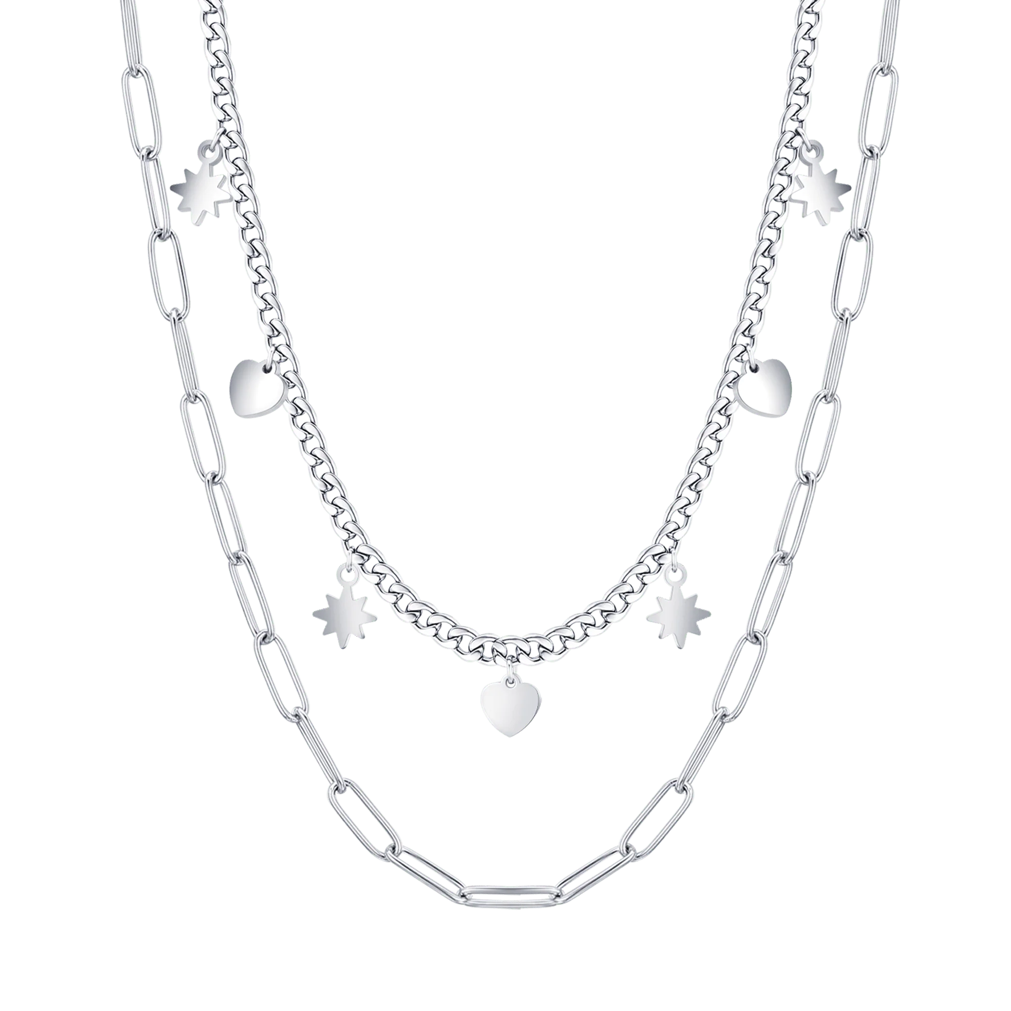 Collana donna in acciaio multifilo con stelle e cuori