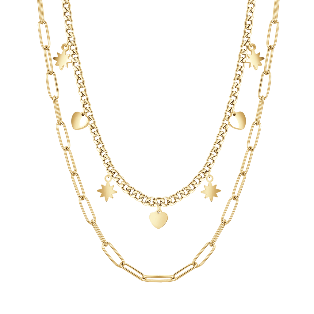 Collana in acciaio Gold multifilo con stelle e cuori
