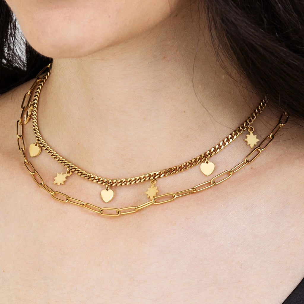 Collana in acciaio Gold multifilo con stelle e cuori