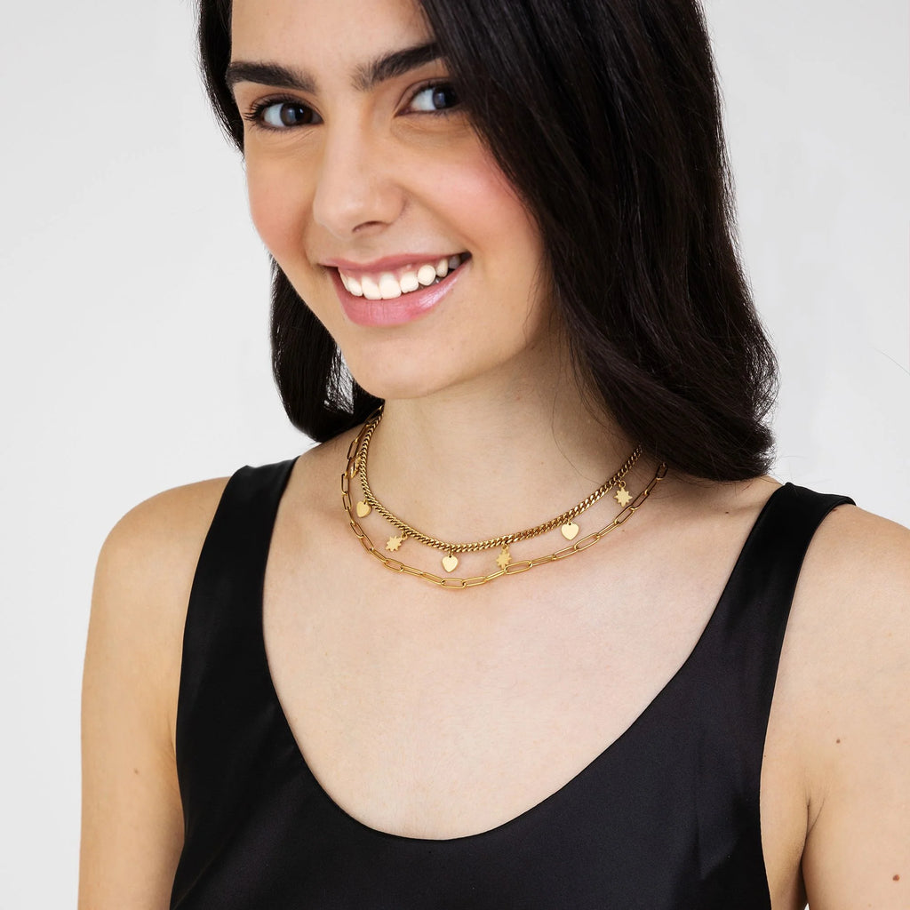 Collana in acciaio Gold multifilo con stelle e cuori