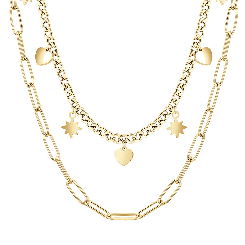 Collana in acciaio Gold multifilo con stelle e cuori