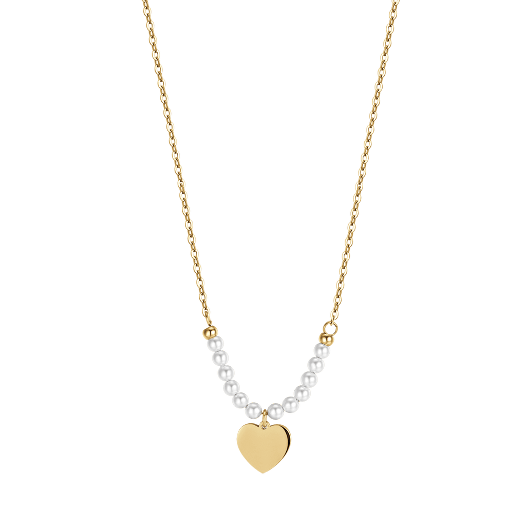 Collana in acciaio Gold con cuore e perle bianche