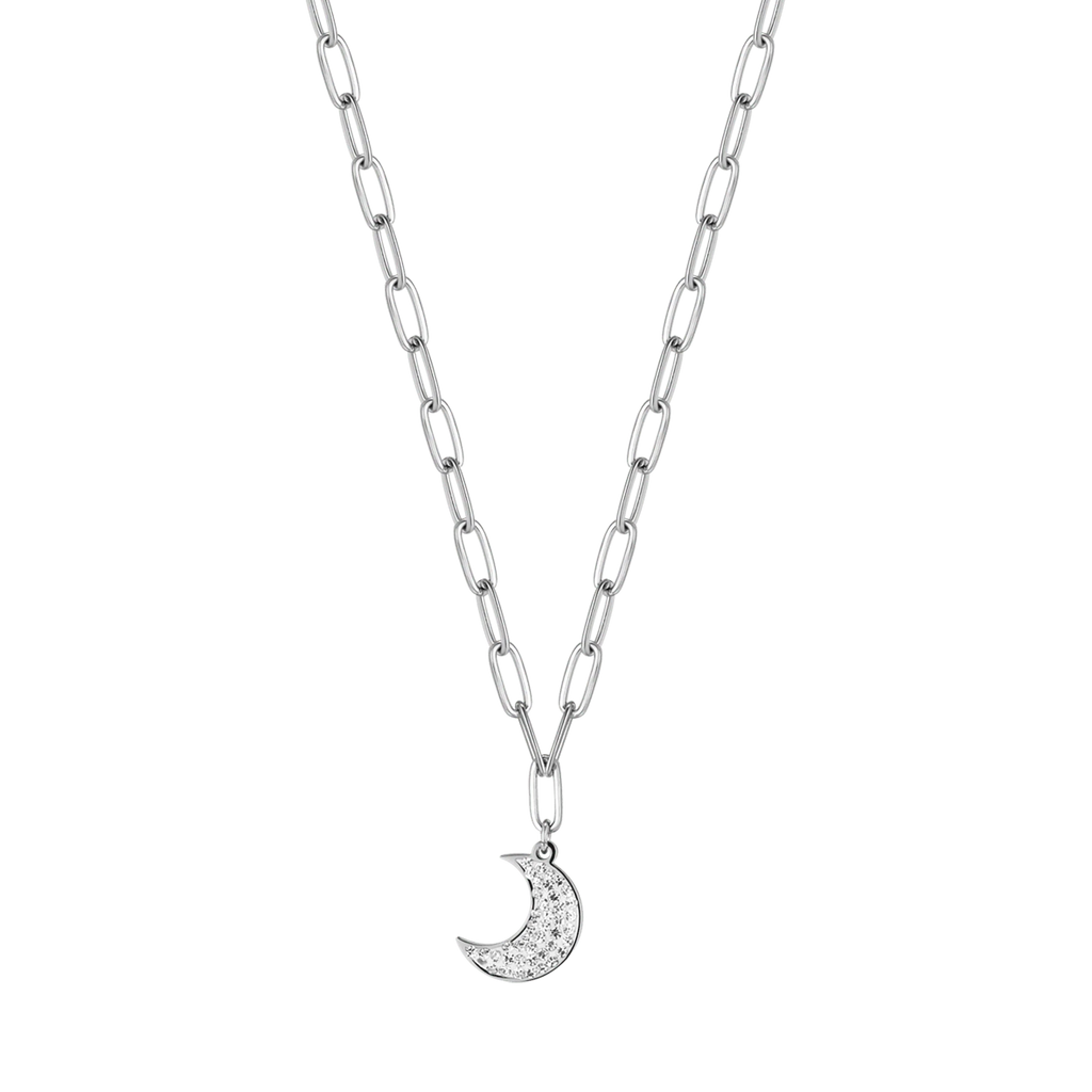 Collana in acciaio con luna e cristalli bianchi