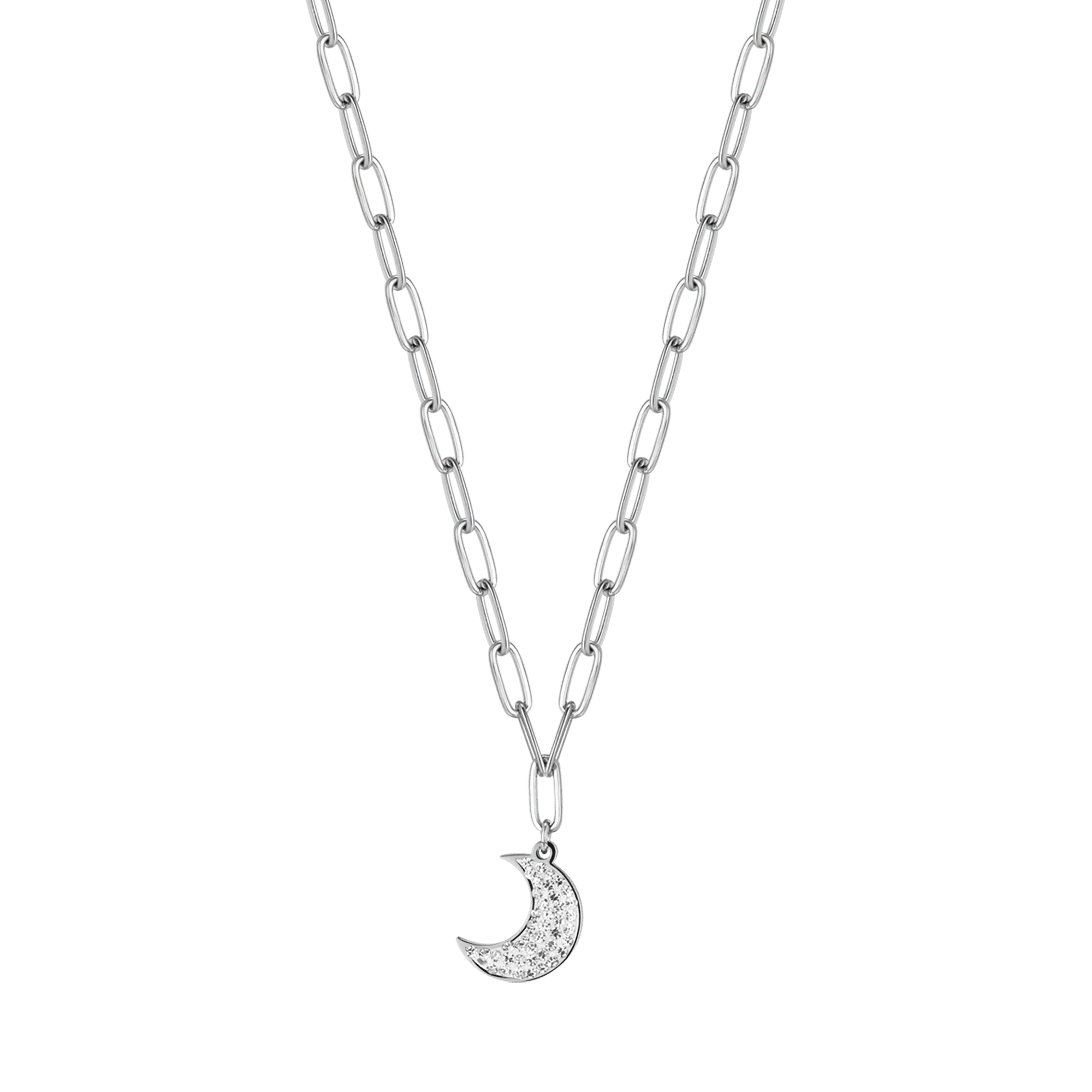 Collana in acciaio con luna e cristalli bianchi