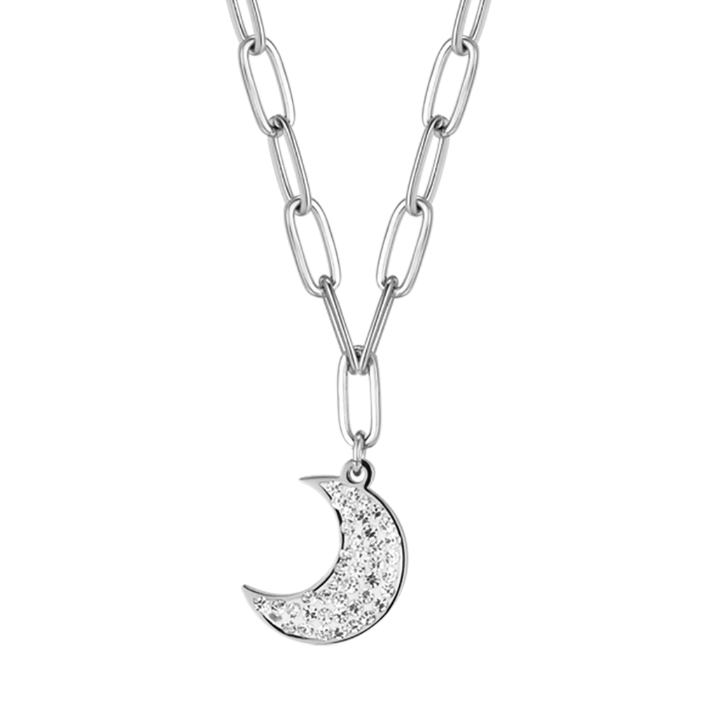 Collana in acciaio con luna e cristalli bianchi