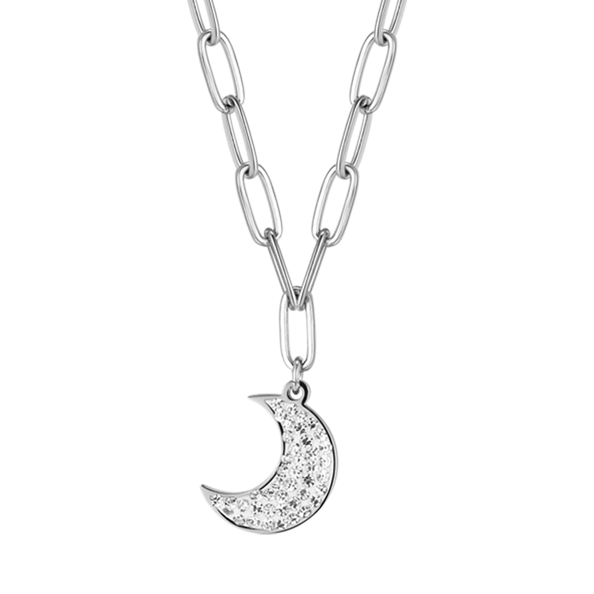 Collana in acciaio con luna e cristalli bianchi