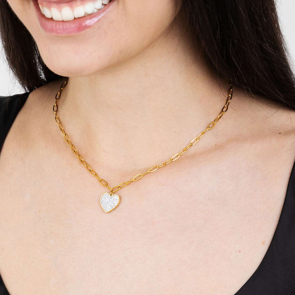 Collana in acciaio dorato con cuore e strass