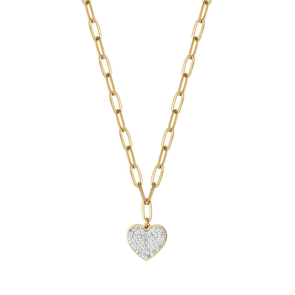 Collana in acciaio dorato con cuore e strass