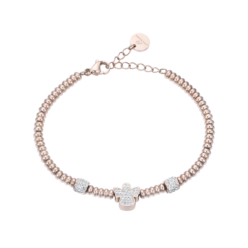 Bracciale in acciaio IP Rose con angelo con cristalli bianchi