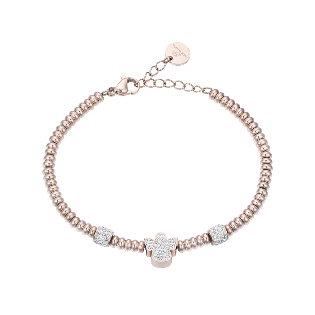 Bracciale in acciaio IP Rose con angelo con cristalli bianchi