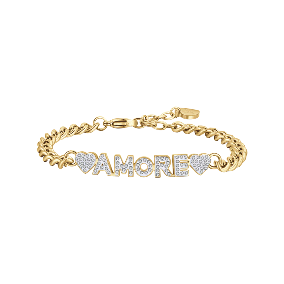 Bracciale donna in acciaio dorato amore con cristalli bianchi