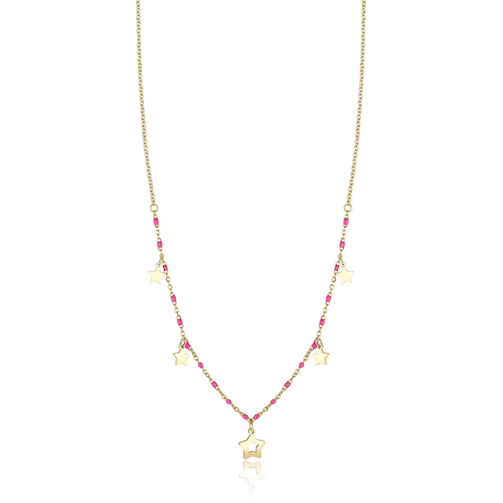 Collana in acciaio dorato con stelle e pietre fucsia