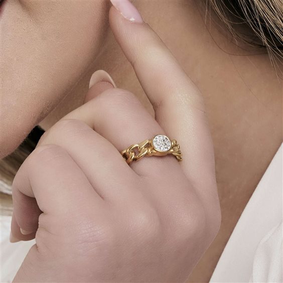 Anello in acciaio dorato con cristalli bianchi